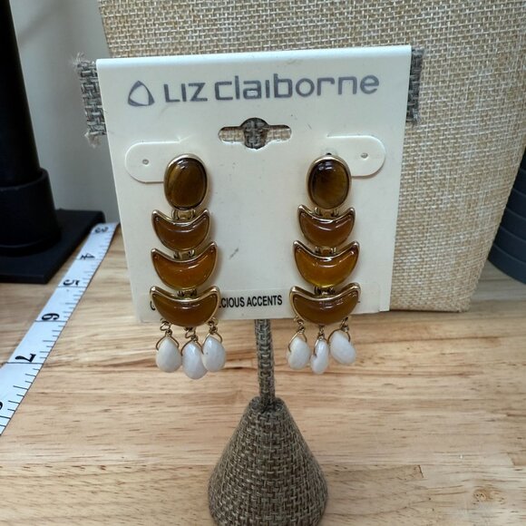 Liz Claiborne Gold-Tone Brown Crescent Drop Earrings W/ White Bead Accents - Picture 3 of 8